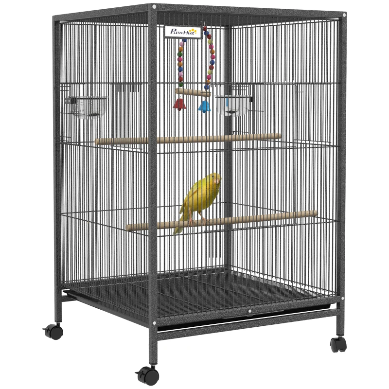 PawHut Vogelkäfig aus Stahl und PP mit 5 Türen, 2 Sitzstangen und herausnehmbarem Tablett, 48x46x74 cm, Grau