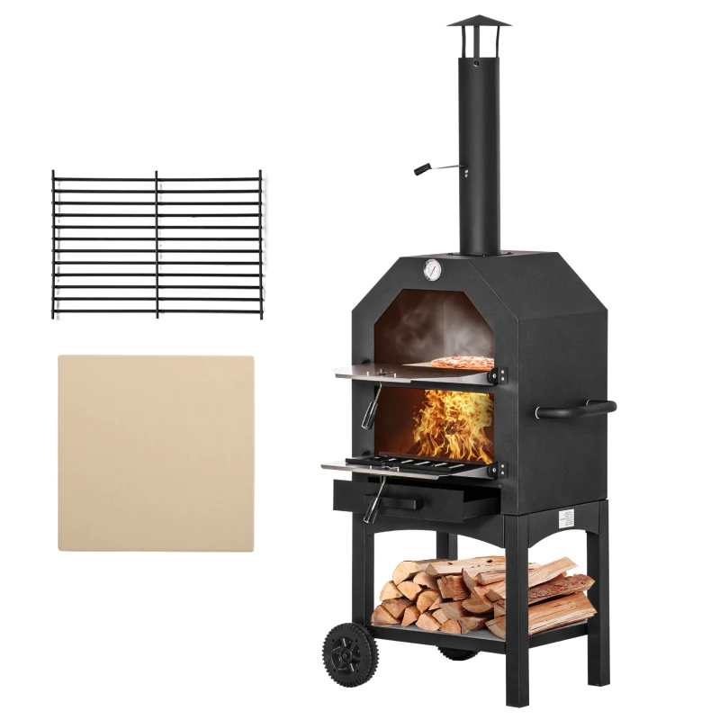 Outsunny Holzbackofen mit 2 Ebenen im Freien mit Rädern Schublade Ablagefläche 64x54x160 cm Schwarz