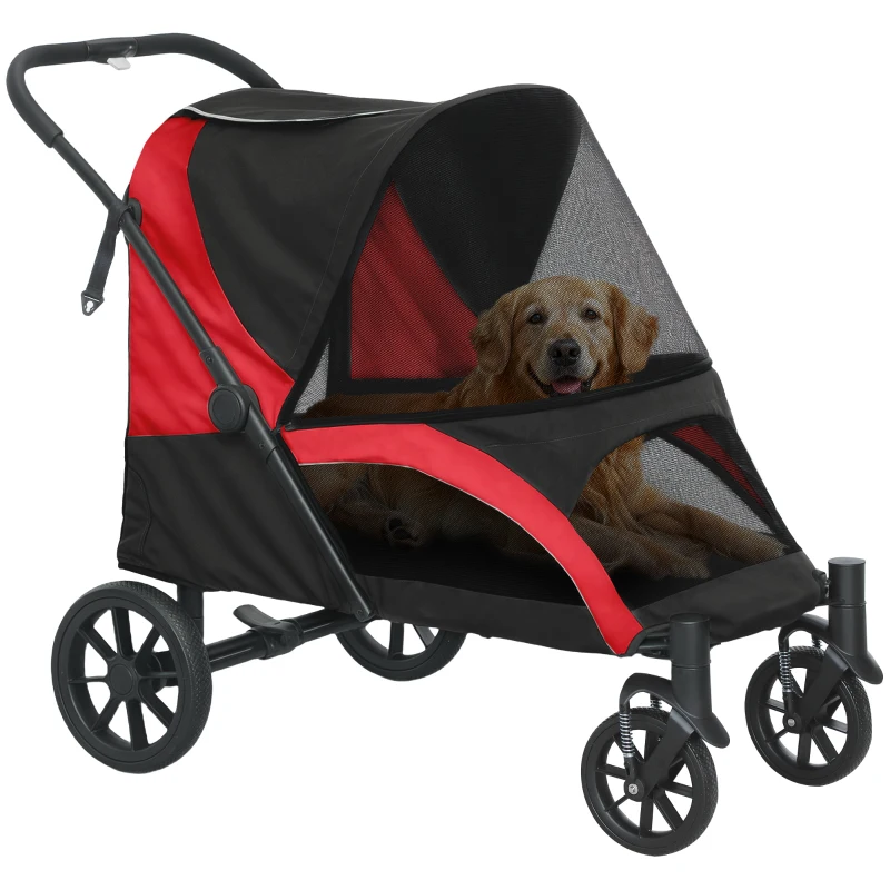PawHut Poussette pour chiens, poussette pliante pour grands chiens, chariot pour animaux de compagnie avec 4 roues, cordons de sécurité, freins, noir