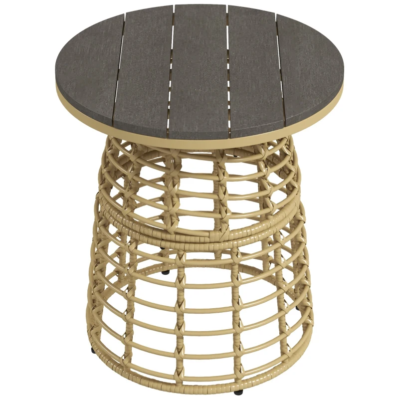 Outsunny Tavolino da Giardino Rotondo in Resina Effetto Rattan, Metallo e Piano Composito, Ø45 x 50H cm,  Legno naturale