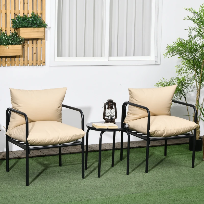 Outsunny Set da Giardino a 3 Pezzi per 2 Persone con 2 Poltrone e 1 Tavolino Rotondo, Metallo, Nero e Beige