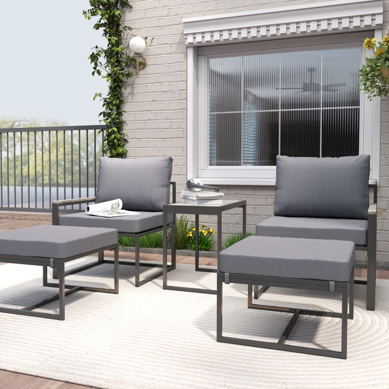 Outsunny Ensemble de mobilier de jardin en acier pour 2 personnes résistant aux intempéries Ensemble de meubles de balcon avec 2 fauteuils Coussins de siège Table basse Gris
