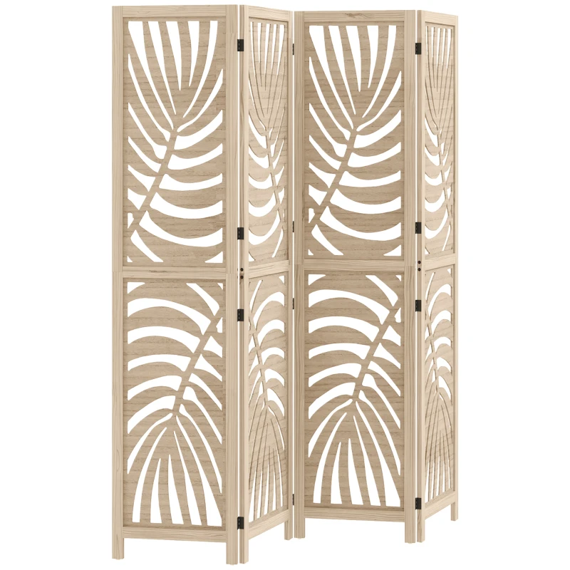 HOMCOM Paravento interiore in legno 4 pannelli 160 x 170 cm, pieghevole e portatile, motivo foglia, design rimovibile, legno naturale