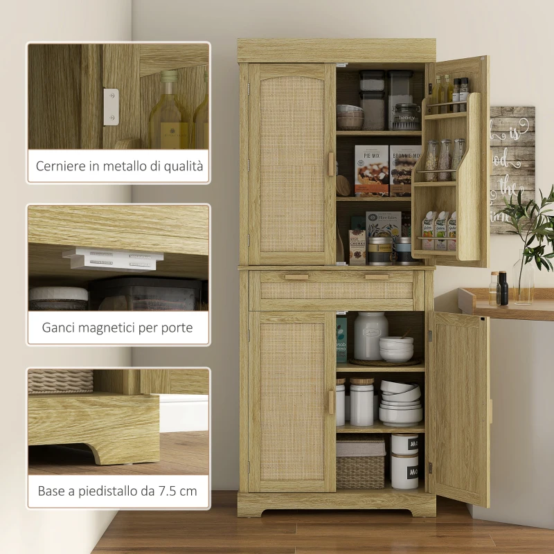 HOMCOM Credenza Cucina Stile Boho con 2 Armadietti, Cassetto e Portaspezie in Legno e Rattan, 76x40x183cm, Rovere