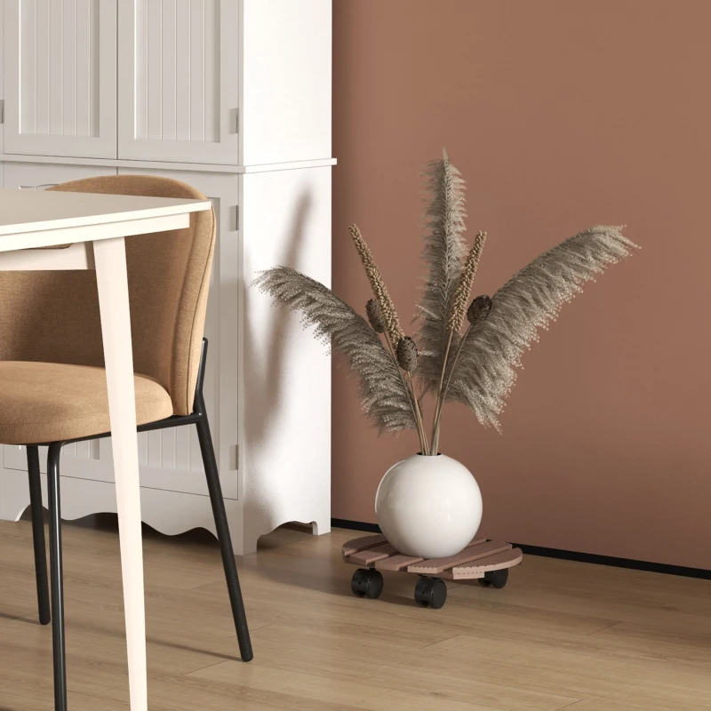 Outsunny Set di 4 Supporti Rotondi Ø30 cm per Piante, Supporto Porta Vasi su Ruote per Interno ed Esterno, Marrone