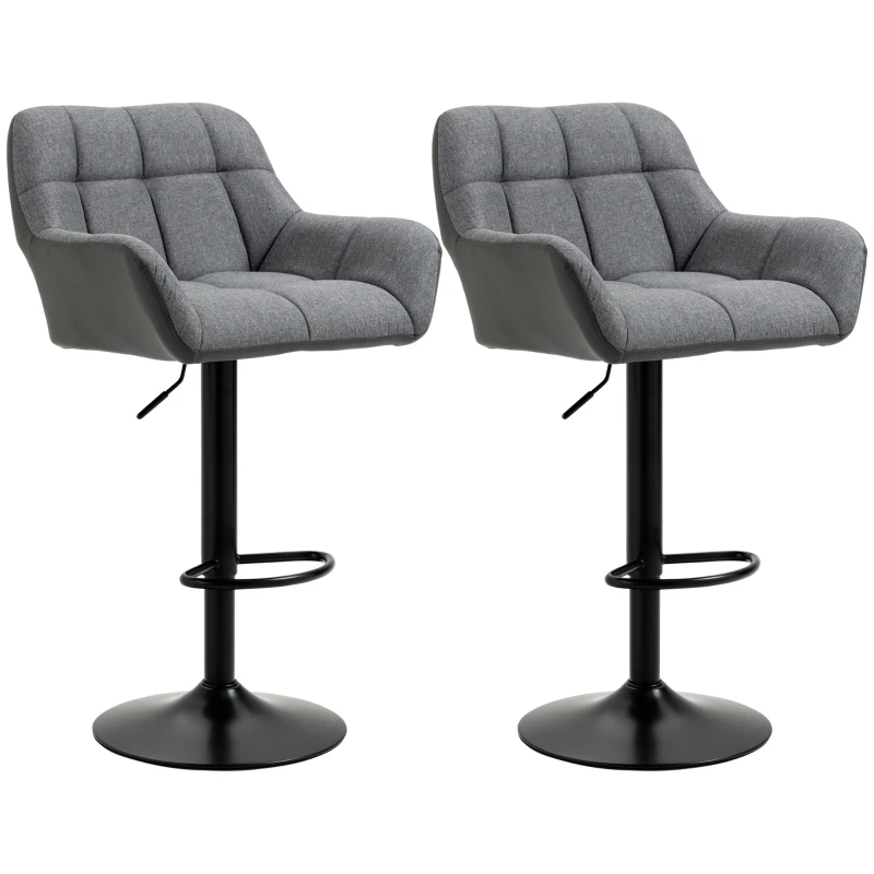 HOMCOM Set di 2 Sgabelli da Bar dal Design Retrò Regolabili in Altezza, Ecopelle, Effetto Lino, Grigio e Nero