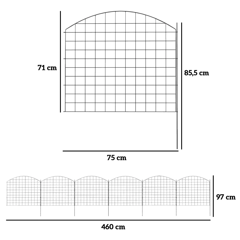 Outsunny Valla de jardín en metal valla decorativa lote de 6 para vegetales borde de camino 460x97 cm Negro
