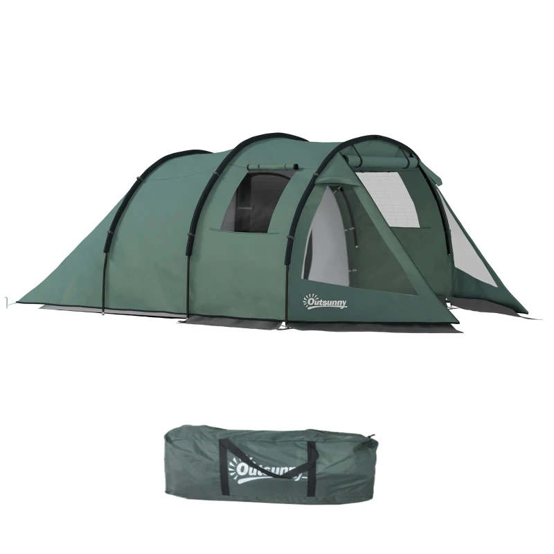 Outsunny Two Room Tunnel Tent Camping Tent for  3-4 Man with Windows, Covers, Carry Bag, for Fishing, Hiking, Sports, Green
