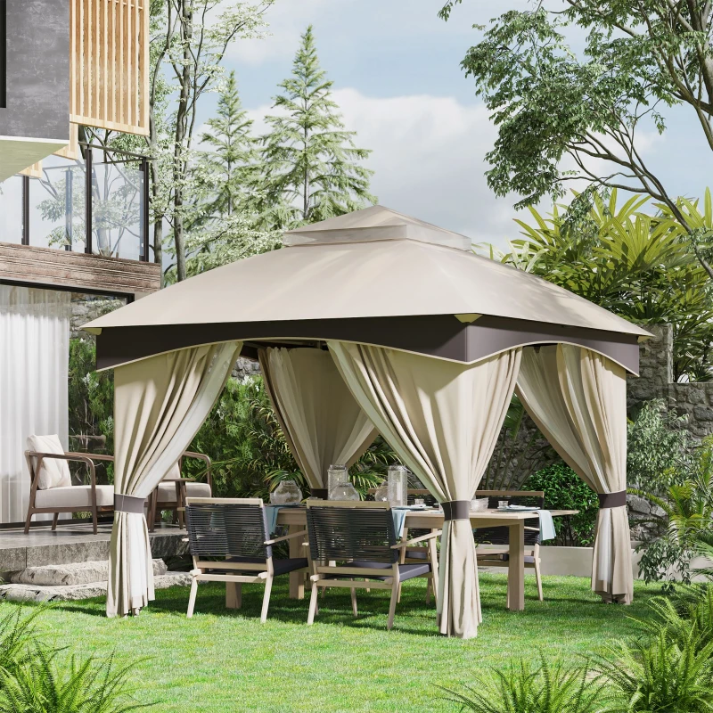 Outsunny Gazebo de Jardín 3x3 m en Acero con Doble Techo y Cortinas, Beige y Gris
