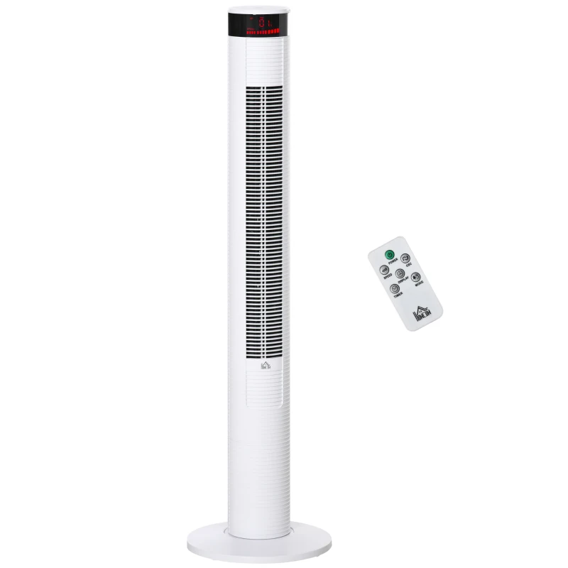 HOMCOM Ventilateur à Colonne avec 3 Vitesses et 4 Modes, Minuterie de 12h, Panneau LED et Télécommande, Blanc