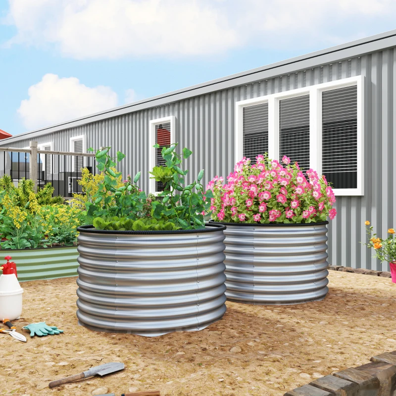 Outsunny Lote de 2 jardineras elevadas kit de jardinera redonda elevada bases abiertas acero galvanizado 90x90x56 cm Plata