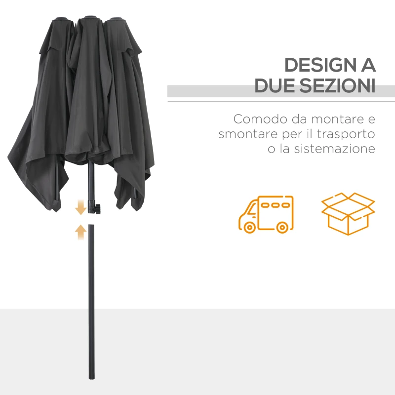 Outsunny Parasol Double Inclinable et Réglable avec Corde, en Polyester et Métal, 150x295x170-214 cm, Gris