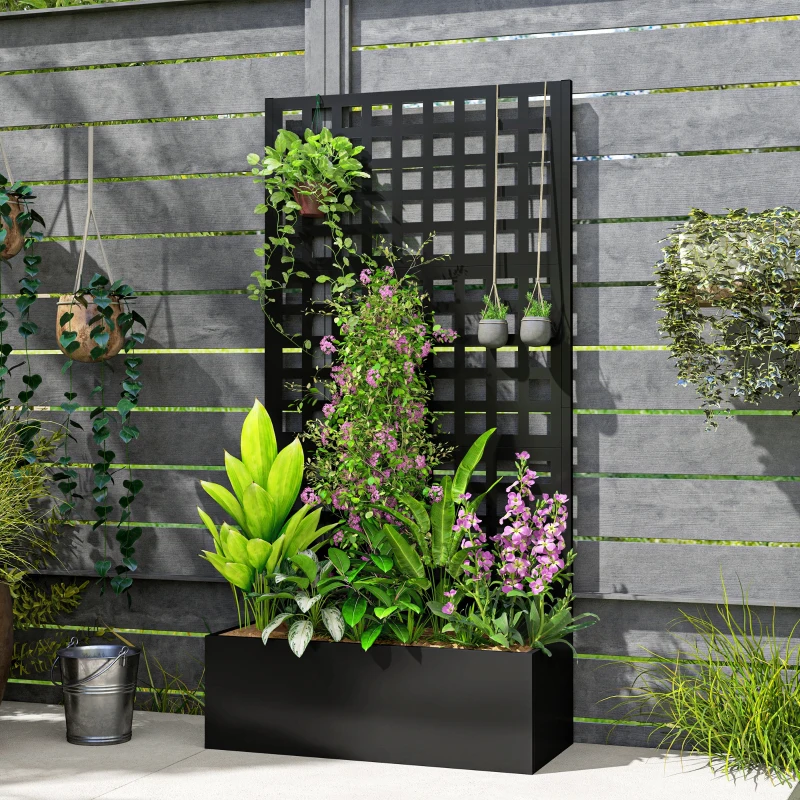 Outsunny Jardinera con enrejado, pantalla de privacidad, lecho elevado de jardín de acero galvanizado, para plantas trepadoras, 89x40x178cm, negro