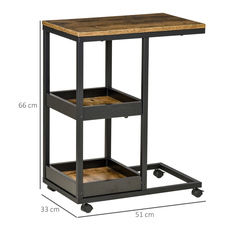 HOMCOM Table d'Appoint avec Roulettes pour Canapé ou Lit, Style Industriel, Acier et Bois, Marron et Noir