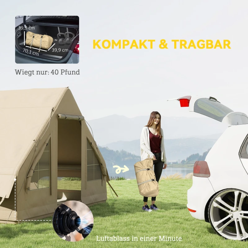 Outsunny Tenda da Campeggio Gonfiabile, Tessuto Oxford, Finestra in Rete, Impermeabile, 300 x 200 x 200 cm, Sabbia