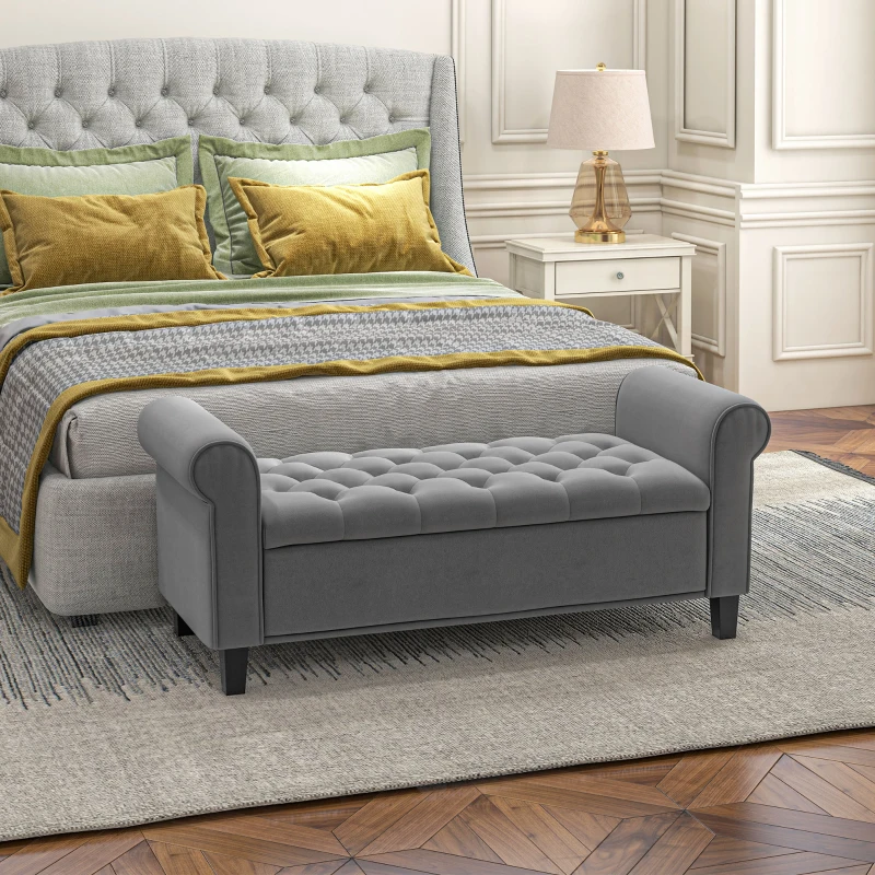 HOMCOM Banco de Cama en Tela de Terciopelo con Espacio de Almacenamiento y Reposabrazos 126x48,5x57 cm Gris(m-2)