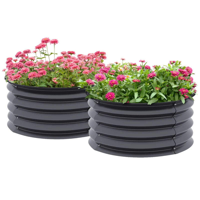 Outsunny Ensemble de 2 Bacs à Plantes Galvanisés, Ø60 x 30H cm Pots de Fleurs avec Sol Ouvert pour différentes plantes, Gris foncé