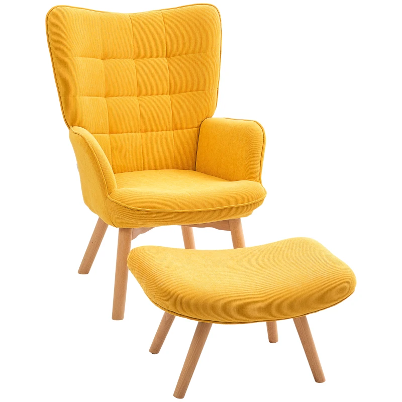 HOMCOM Sillón Destacado con Otomana Sillón de relax Aspecto de Cordón Sillón con Reposabrazos de Patas de Madera para Sala de Estar