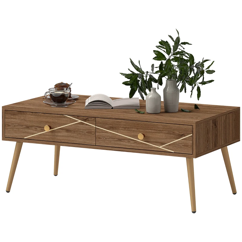 HOMCOM Tavolino da Salotto, Tavolino Rettangolare, Ampio Piano, 2 Cassetti, Piedi Affusolati, 100 x 50 x 41 cm, Marrone
