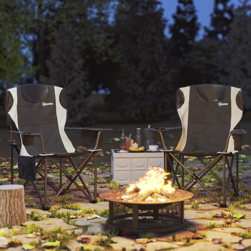 Outsunny Set van 2 Opvouwbare Campingstoelen met Armleuningen, Bekerhouder, Hoofdsteun, Koeltas Zwart