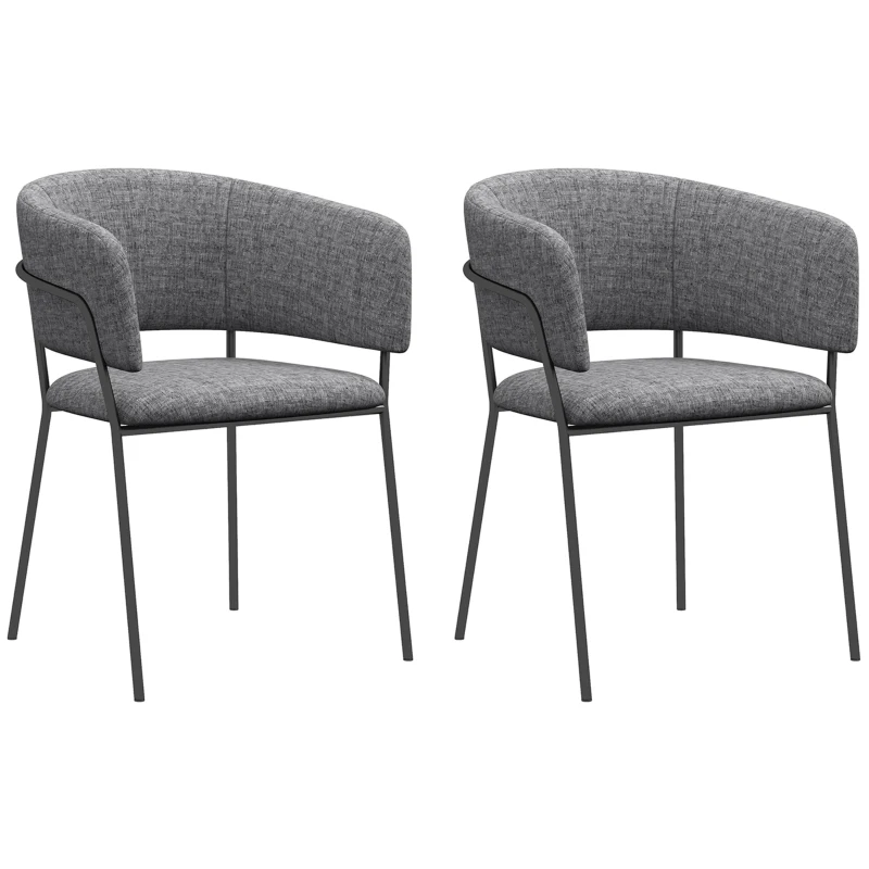 HOMCOM Set di 2 Sedie da Pranzo Gambe in Acciaio, Seduta Imbottita in Tessuto Effetto Lino, Grigio