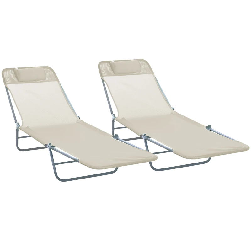 Outsunny Set 2 Chaises Longues de Jardin Pliables avec Dossier Inclinable à 4 Niveaux, Métal et Tissu en Maille, Beige
