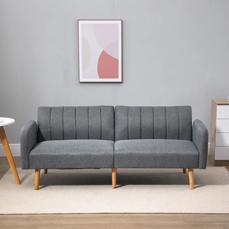 HOMCOM Sofá Cama 3 Plazas Sofá de Tela Sofá con Función de Cama Poliéster Tipo Lino Madera de Goma 173x75x73 cm Gris