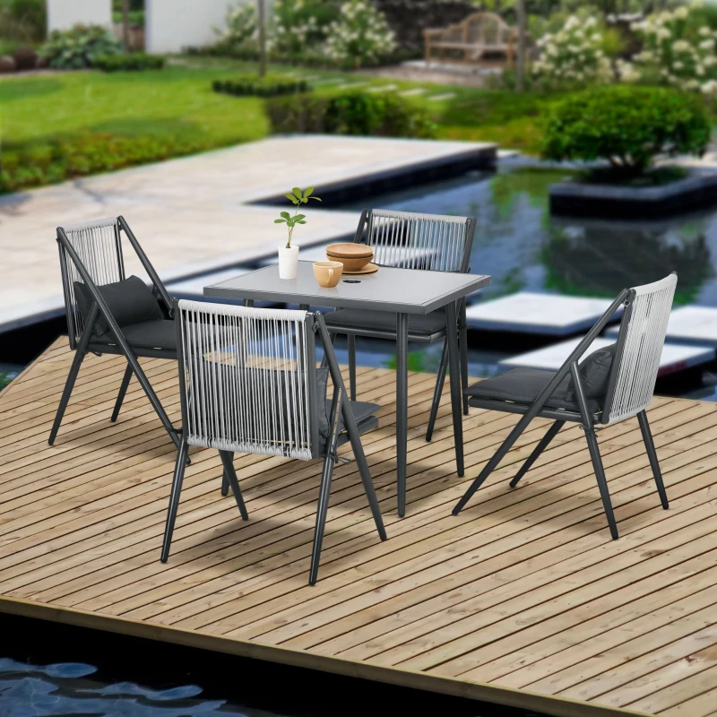 Outsunny Conjunto de jardín 4 sillas y 1 mesa conjunto de jardín 5 piezas con cojines plato de cristal templado Gris oscuro
