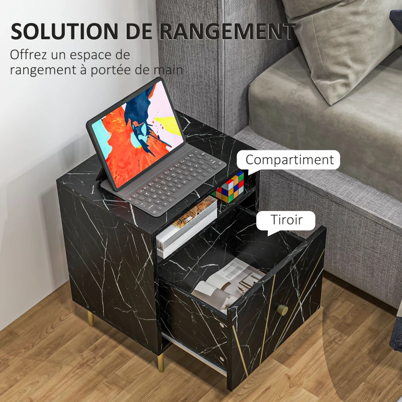 HOMCOM Table de chevet, table d'appoint avec 1 grand tiroir et 1 niche, effet marbre, pieds en métal doré, 39l x 30 x 50 cm