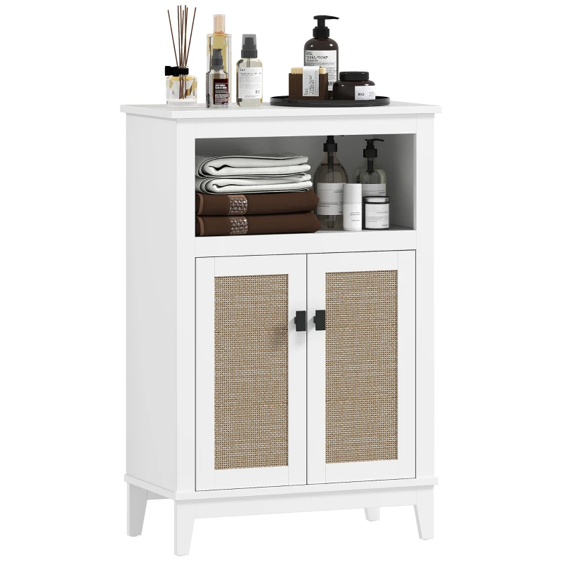 HOMCOM Mobile Bagno con 2 Porte Frontali in Rattan Scaffale Regolabile e Vano Aperto 60x30x90 cm Bianco