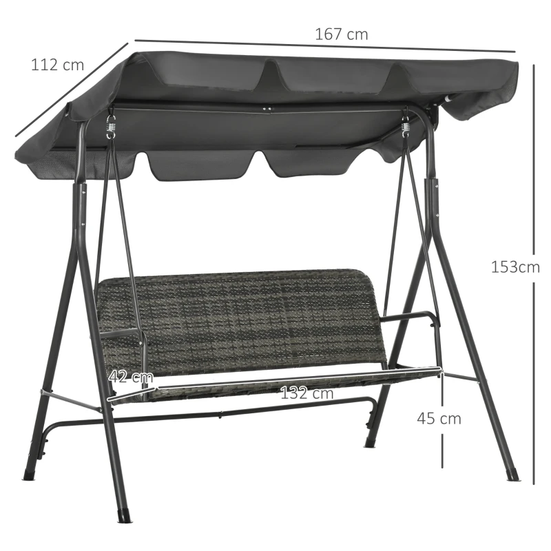Outsunny Garten-Schaukelstuhl für den Außenbereich mit 3 Plätzen, verstellbarem Dach, PE-Rattan-Sitz und Armlehnen 167x112x153 cm Grau