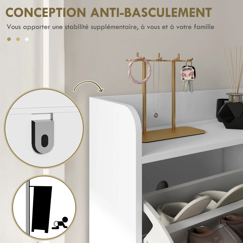 HOMCOM Mobile Porta Scarpe 4 Ribaltabili, con Ripiano Regolabile, Contenitore Scarpe, 106 x 24 x 102 cm, Bianco