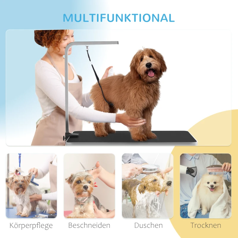 PawHut Table de toilettage pour chiens, table de coupe avec bras réglable, étagère de rangement, surface en caoutchouc, 90 x 60 x 76 cm, Noir