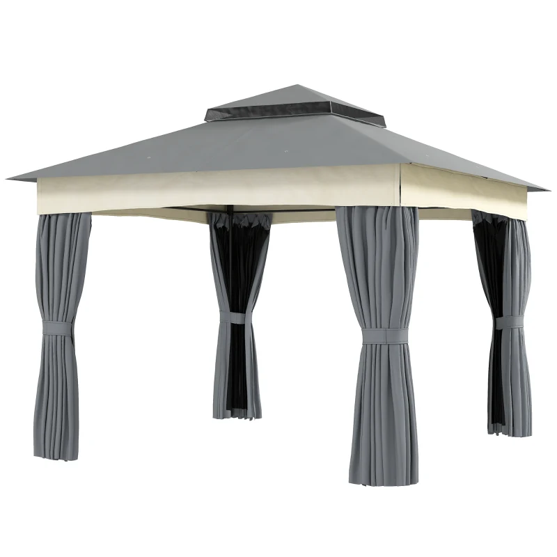 Outsunny Gazebo con Tetto Doppio, 3x3 m Impermeabile Stabile Resistente all'Inverno Gazebo da Giardino in Metallo Grigio Scuro