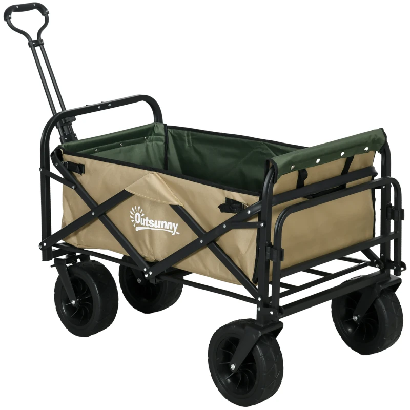 Outsunny Chariot pliant, 110 L, jusqu'à 100 kg, poignée télescopique, cadre en acier, 94 x 57 x 77-100 cm, Kaki