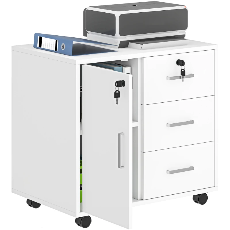 HOMCOM Archivador para Oficina con 3 Cajones y Armario con 3 Estantes Ajustables, en Madera, 60x40x56 cm, Blanco