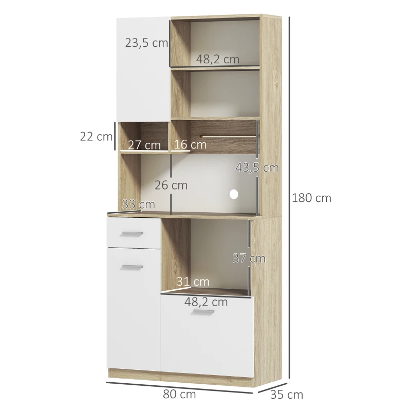 HOMCOM Armario de cocina alto Mueble de Almacenamiento moderno con estantes ajustables cajón Blanco y acabado de madera