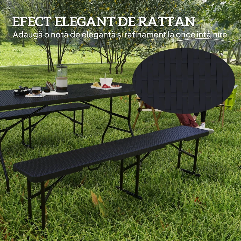 Outsunny Set Masă de Camping Pliabilă cu 2 Scaune și Mânere din HDPE și Metal, 180x74x74 cm, Negru