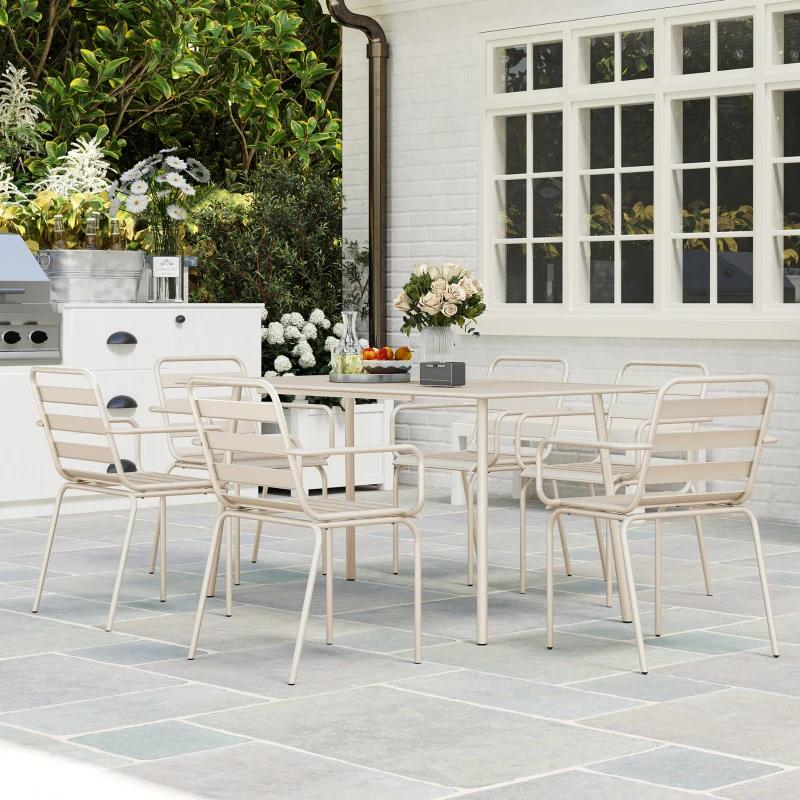 Outsunny Gartenmöbel-Speiseset 7-teilig mit 1 Tisch und 6 stapelbaren Stühlen aus Stahl in Beige