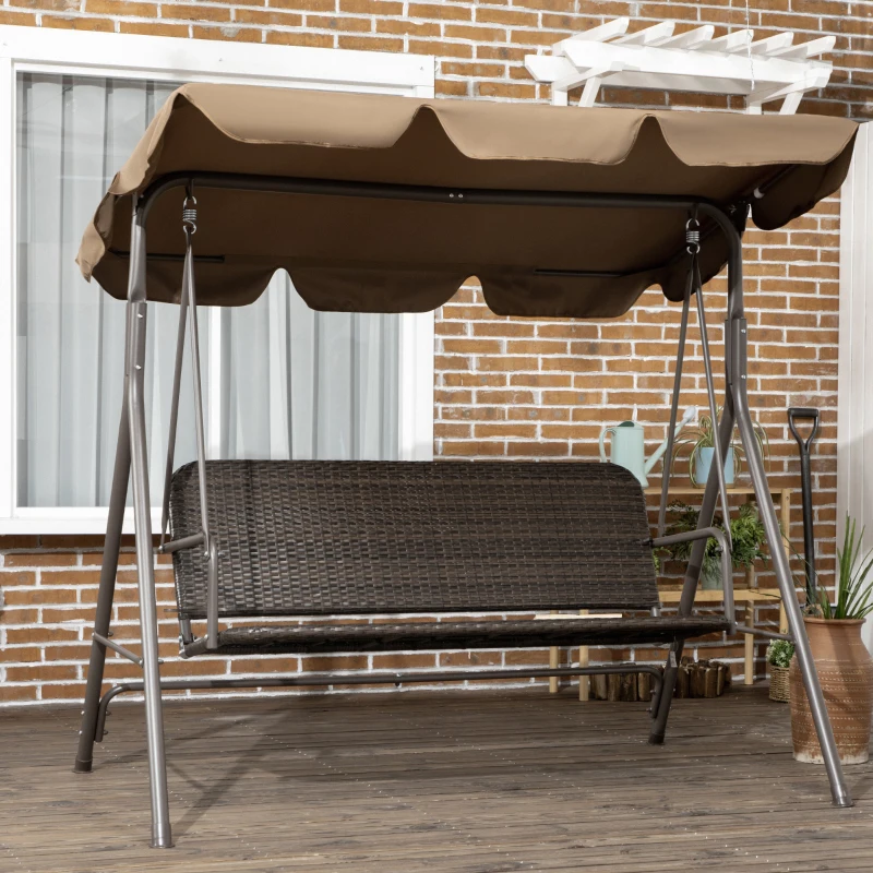 Outsunny Balancelle de Jardin Extérieur de 3 Places avec Auvent Ajustable Siège en Rotin PE et Accoudoirs 167x112x153 cm Marron