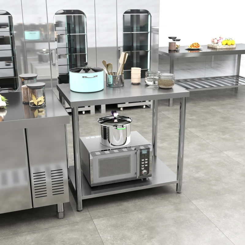 HOMCOM Tavolo da lavoro in acciaio inox 2 ripiani, per cucina, garage, giardino, 90 x 60 x 86 cm, argentato