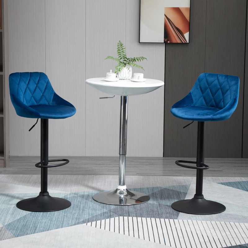 HOMCOM Set 2 Barhocker, Höhenverstellbar mit Metallsockel und Samtsitz, Moderne Barhocker mit Rückenlehne und Fußstütze, 46x48x83-104cm, Blau