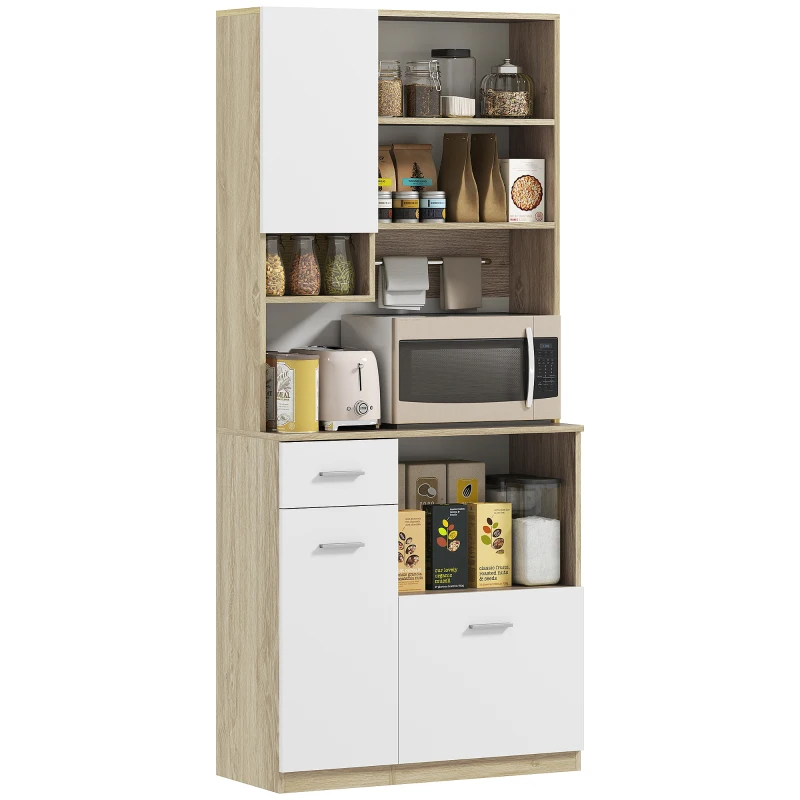 HOMCOM Armario de cocina alto Mueble de Almacenamiento moderno con estantes ajustables cajón Blanco y acabado de madera
