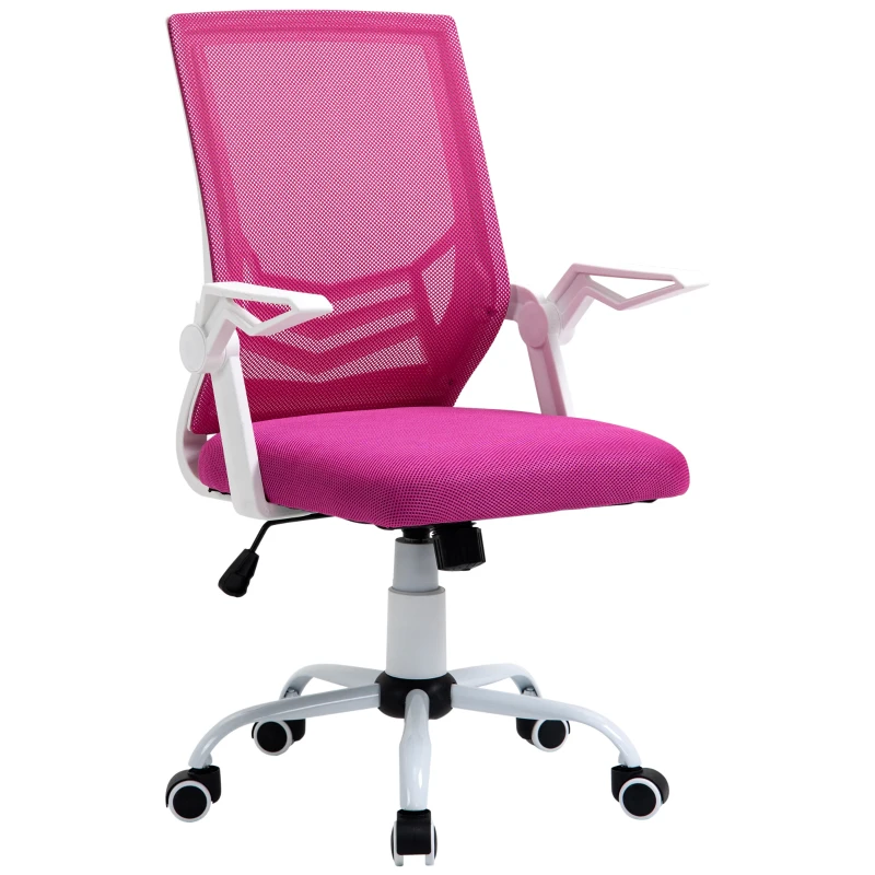 Vinsetto Chaise de Bureau Ergonomique Hauteur Réglable avec Accoudoirs Pliables, Chaise de Bureau Rembourrée Pivotante à 360° avec Fonction Bascule, en Tissu Aspect Lin, Rose