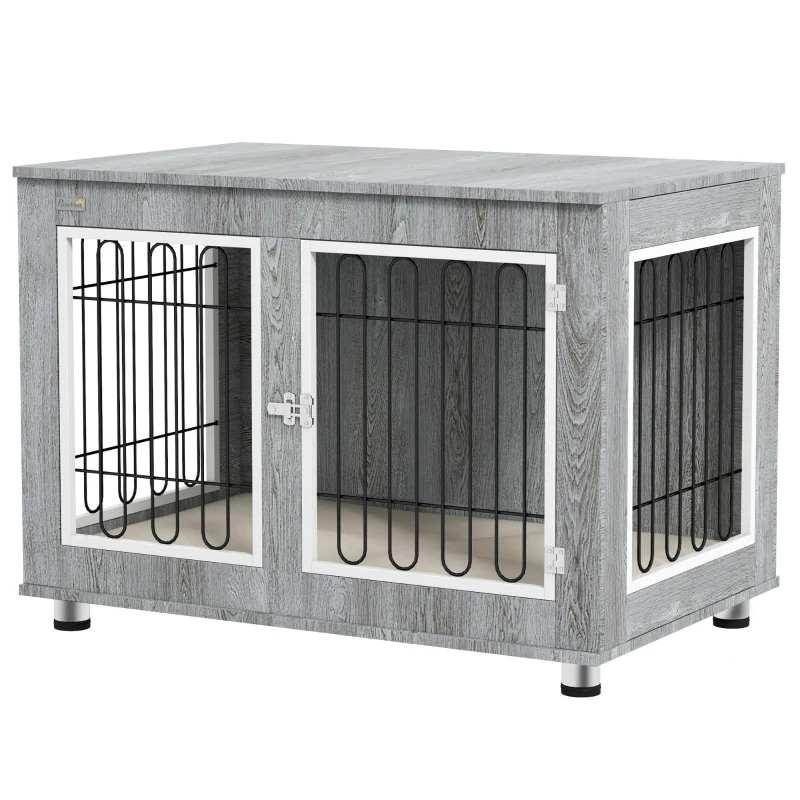 PawHut Jaula para perros animales jaula de perro de pie con cojín extraíble acero aspecto madera 90x58x65 cm Gris