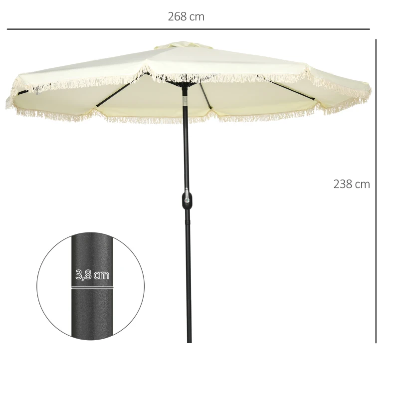 Outsunny Parasol inclinable redondo 268 cm con flecos tela de poliéster de alta densidad 180 g/m² protección solar Crema