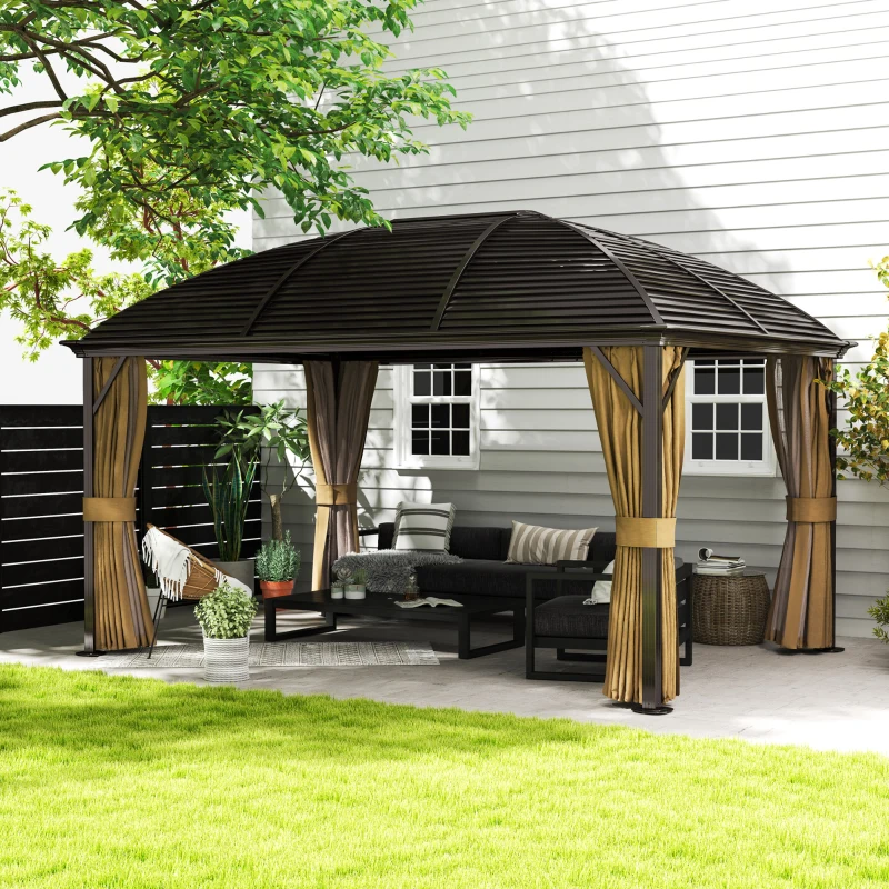 Outsunny Gazebo da Giardino, Tenda da Festa, Padiglione da Festa, 4 Pareti Laterali, Impermeabile, 2 Ganci per Lanterne, 4 x 3 x 2.8 m, Marrone