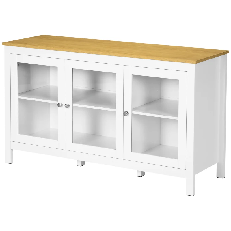 HOMCOM Buffet mobile di archiviazione con 3 porte in vetro 2 ripiani regolabili piano effetto legno chiaro 120 x 40 x 70 cm bianco