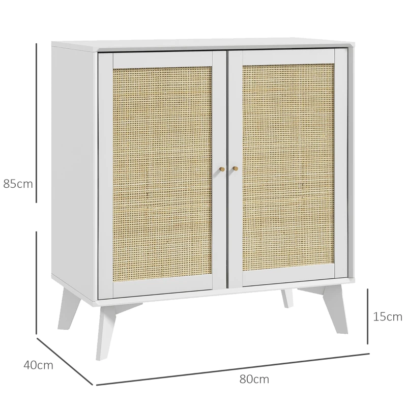 HOMCOM Mueble de Almacenamiento Buffet alto diseño bohemio doble puertas con 2 niveles fachada en ratán 80x40x85 cm Blanco