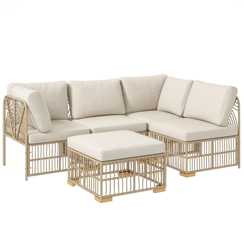 Outsunny 5-częściowy Zestaw Mebli Ogrodowych: 2 Fotele Narożne, 2 Fotele Środkowe, Puf, Poduszki Siedziskowe i Oparciowe, Jasnobrązowy+Kremowy Biały